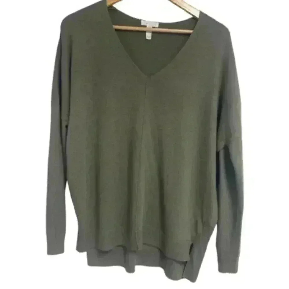 Olive Green Leith V Neck Wool Blend Sweater Dolman Sleeves Size S